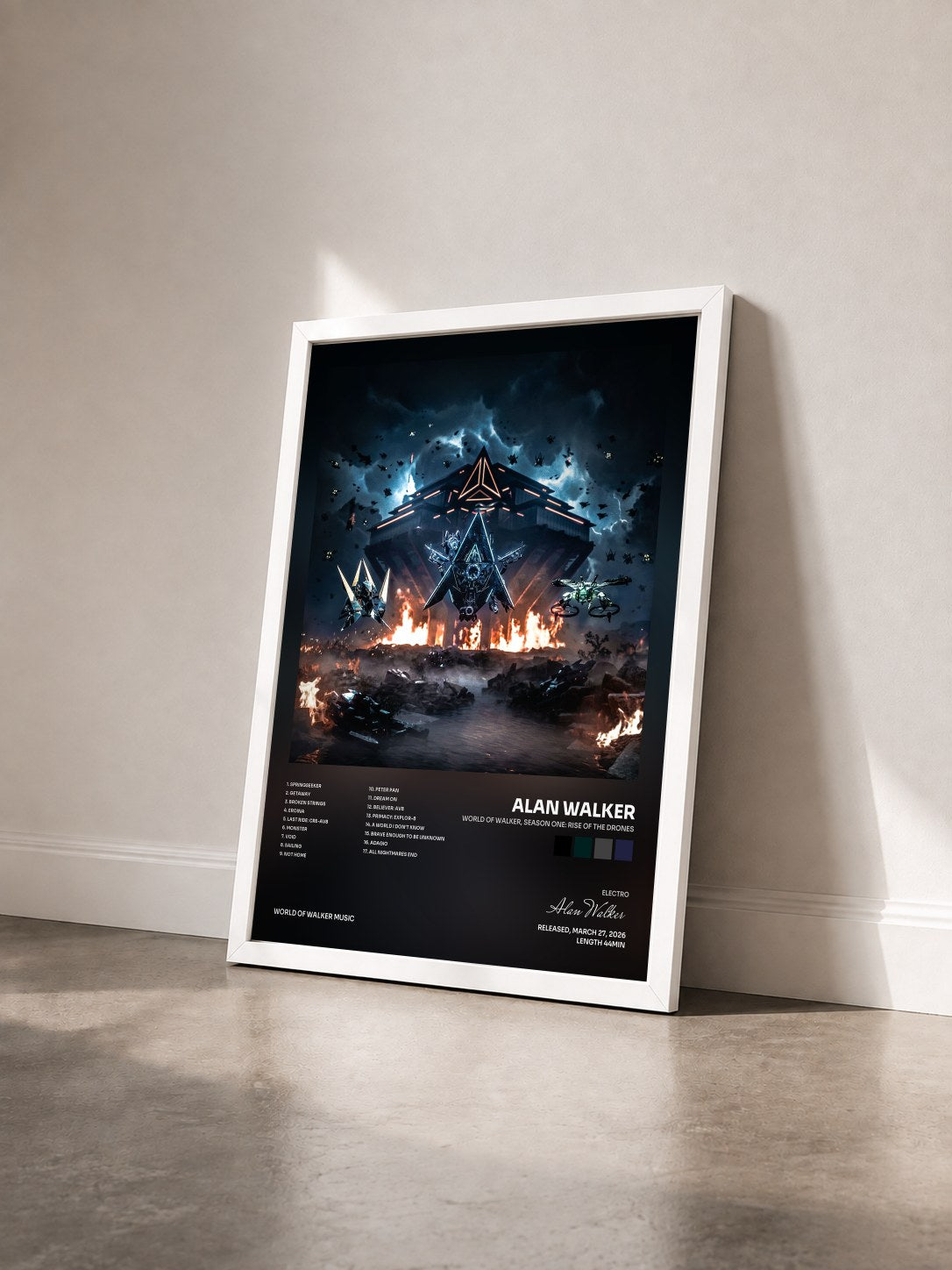 #blanc Tableau de l'album World of Walker, Season One: Rise of the Drones de Alan Walker vu de trois quarts, cadre blanc