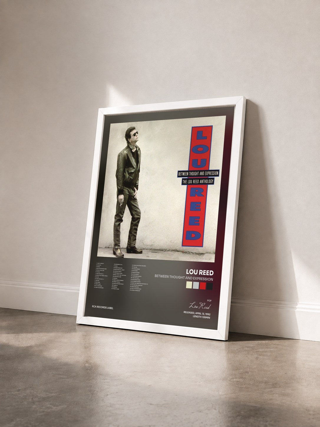 #blanc Tableau de l'album Between Thought And Expression de Lou Reed vu de trois quarts, cadre blanc