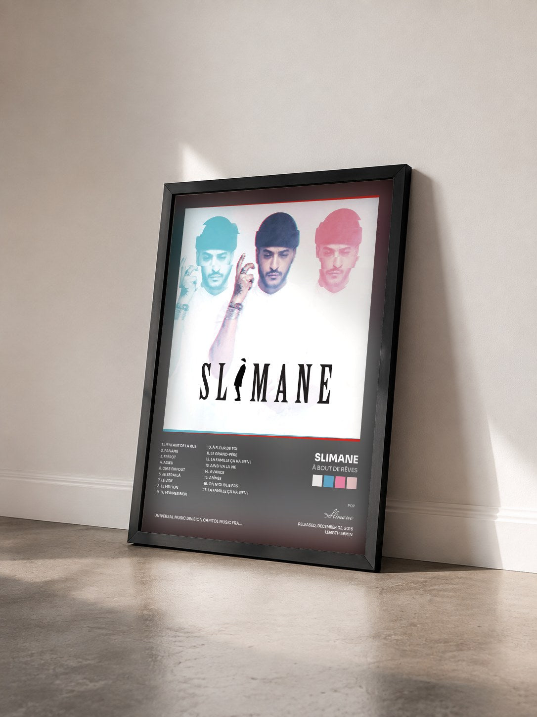#noir À bout by rêves de Slimane as a framed art print seen at an angle, black frame