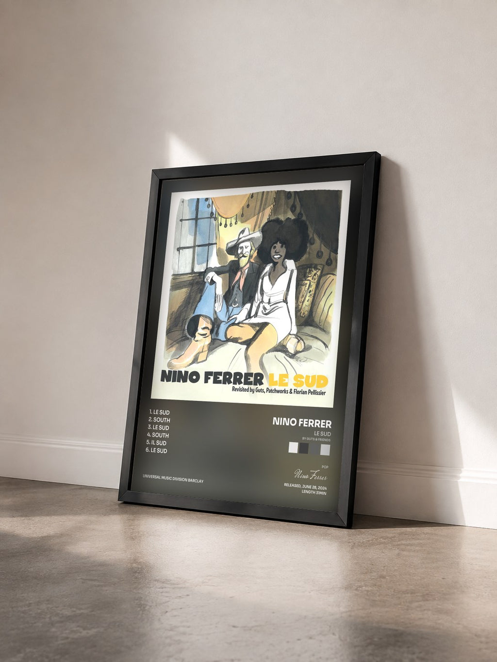 #noir Tableau de l'album Le Sud (by Guts & Friends) de Nino Ferrer vu de trois quarts, cadre noir