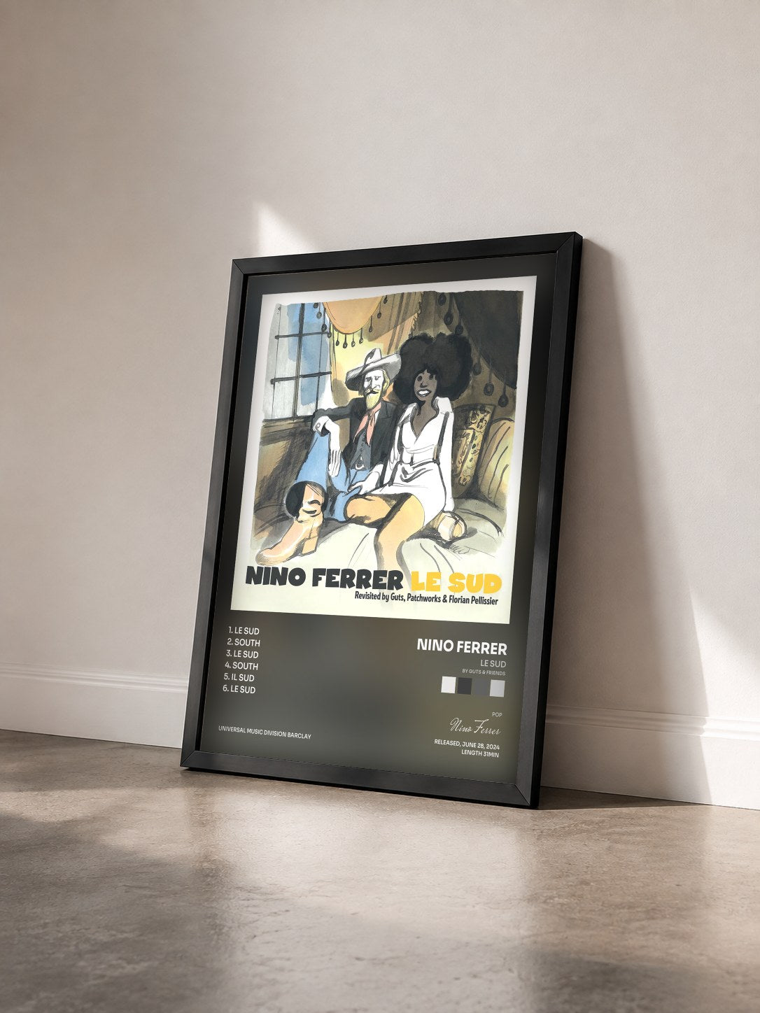 #noir Tableau de l'album Le Sud (by Guts & Friends) de Nino Ferrer vu de trois quarts, cadre noir
