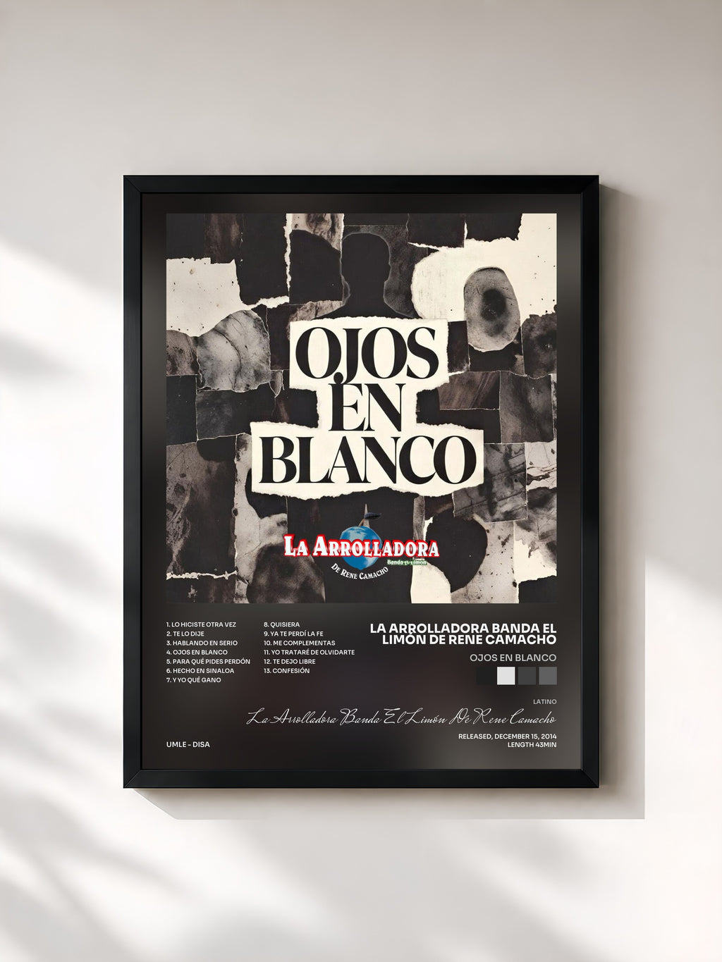 #noir Tableau de l'album Ojos En Blanco de La Arrolladora Banda El Limón De Rene Camacho, cadre noir, imprimé et encadré en France