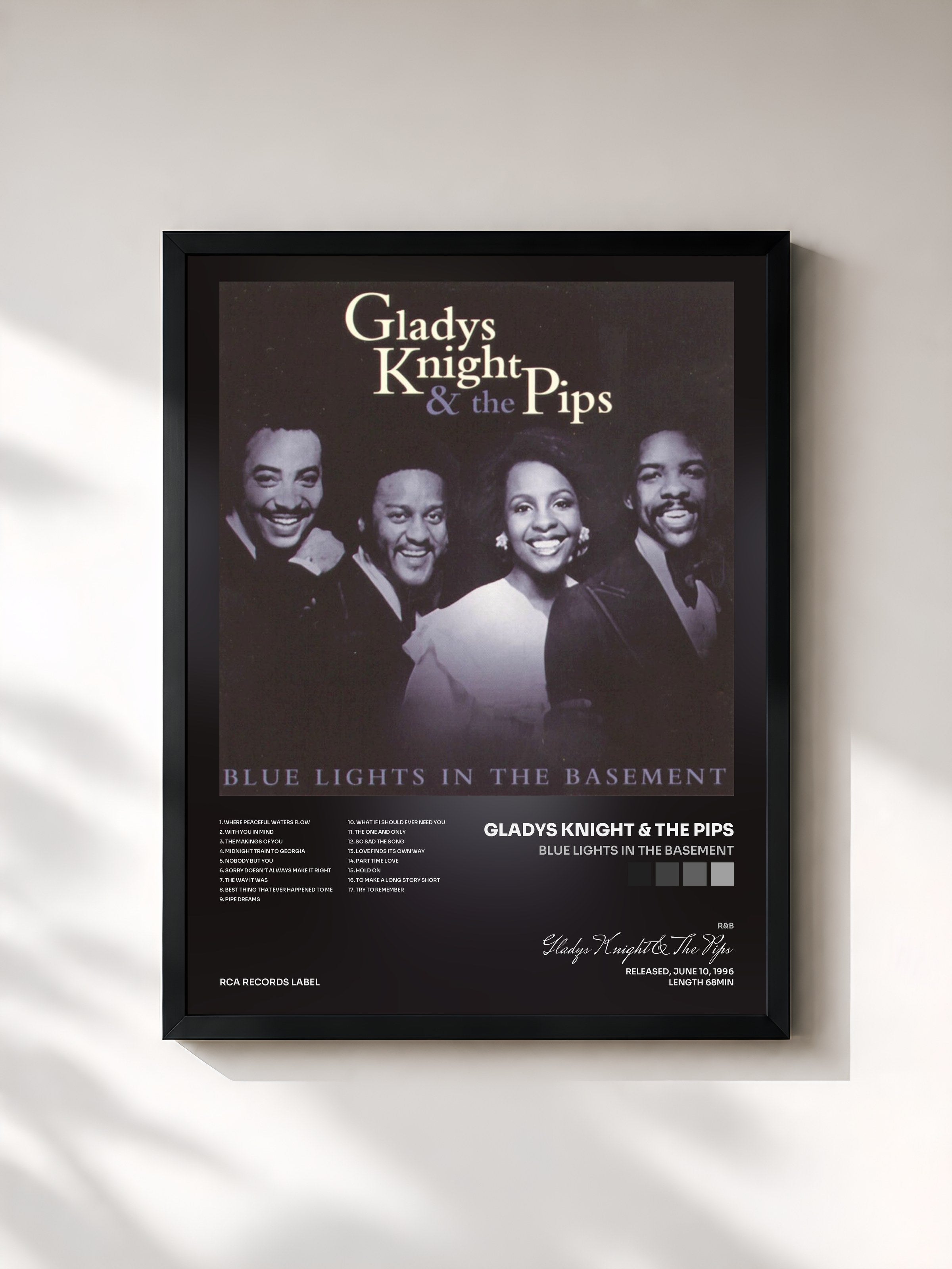 #noir Tableau de l'album Blue Lights In The Basement de Gladys Knight & The Pips, cadre noir, imprimé et encadré en France