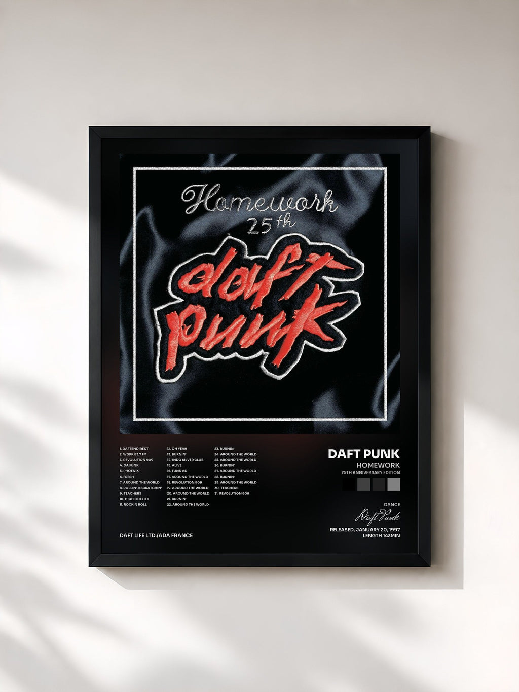 #noir Tableau de l'album Homework (25th Anniversary Edition) de Daft Punk, cadre noir, imprimé et encadré en France
