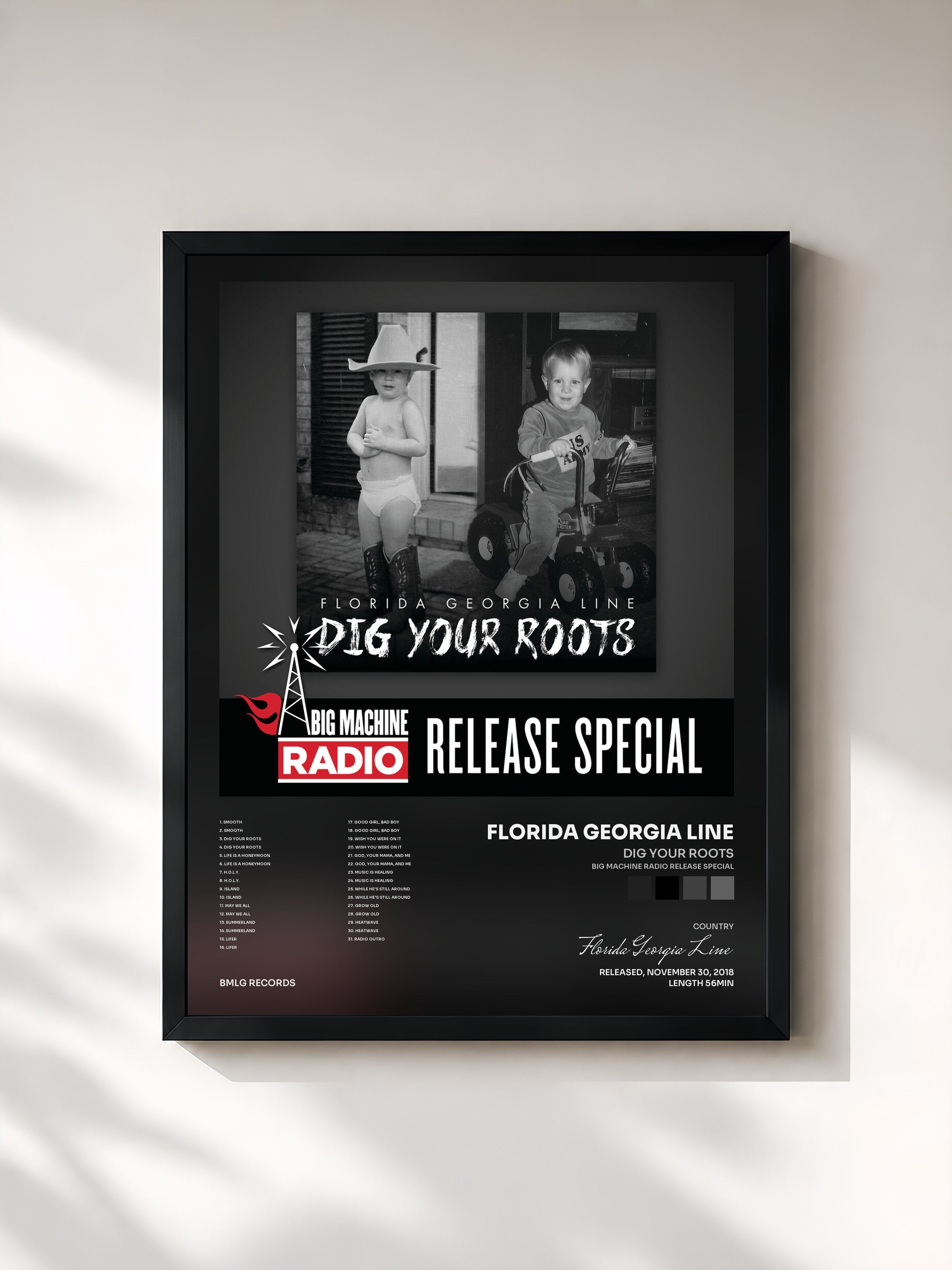 #noir Tableau de l'album Dig Your Roots (Big Machine Radio Release Special) de Florida Georgia Line, cadre noir, imprimé et encadré en France