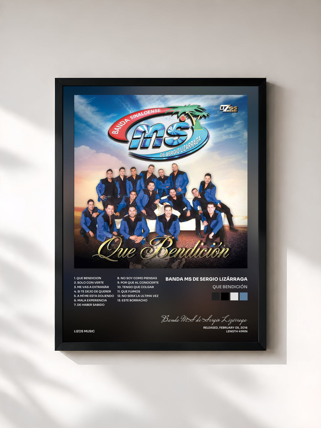 #noir Tableau de l'album Que Bendición de Banda MS de Sergio Lizárraga, cadre noir, imprimé et encadré en France