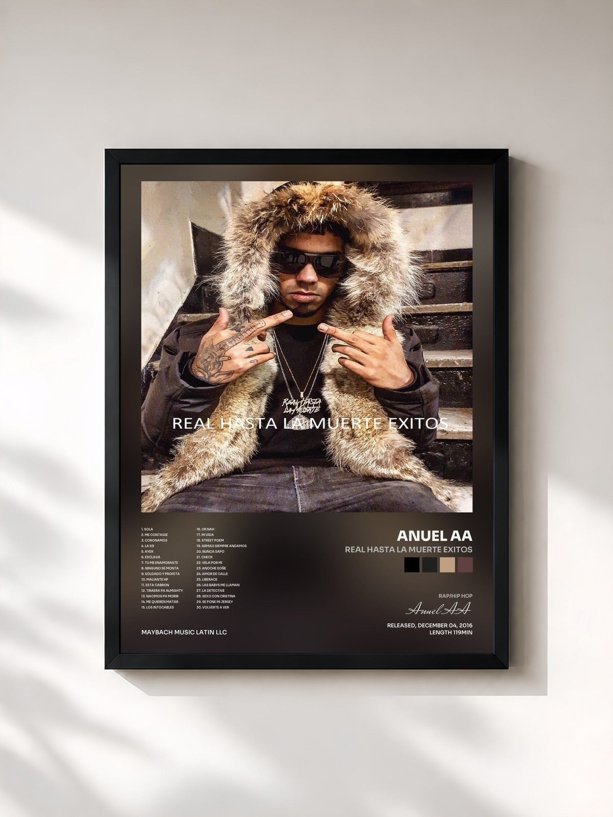 #noir Tableau de l'album Real Hasta la Muerte Exitos de Anuel AA, cadre noir, imprimé et encadré en France