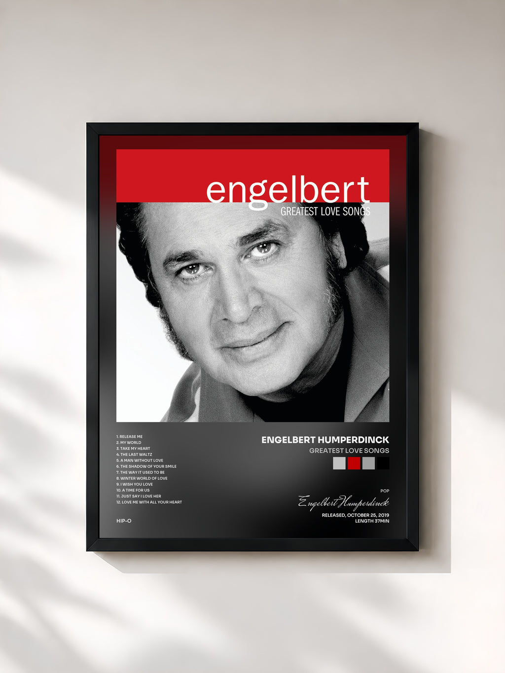 #noir Tableau de l'album Greatest Love Songs de Engelbert Humperdinck, cadre noir, imprimé et encadré en France