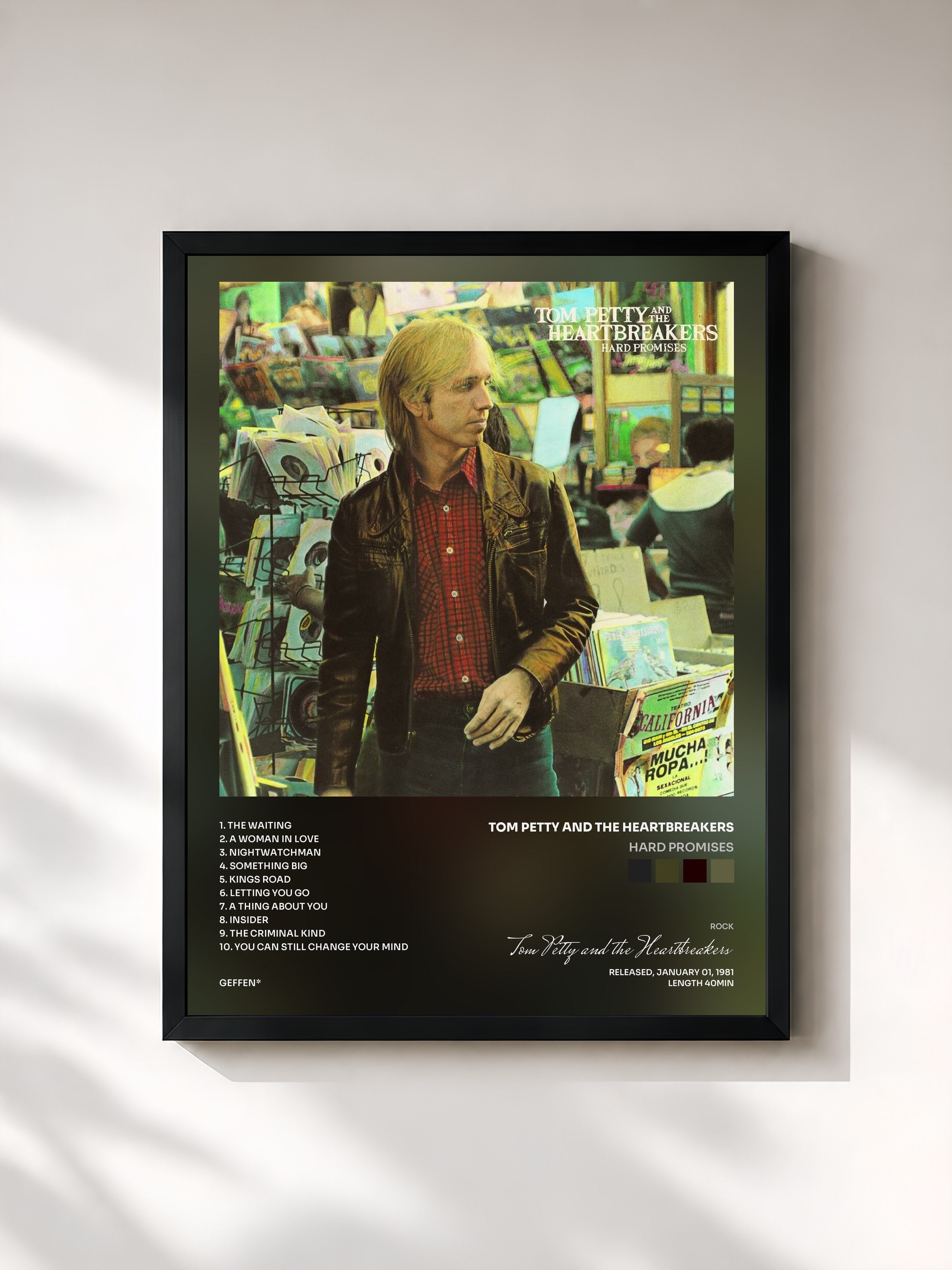 #noir Tableau de l'album Hard Promises de Tom Petty and the Heartbreakers, cadre noir, imprimé et encadré en France