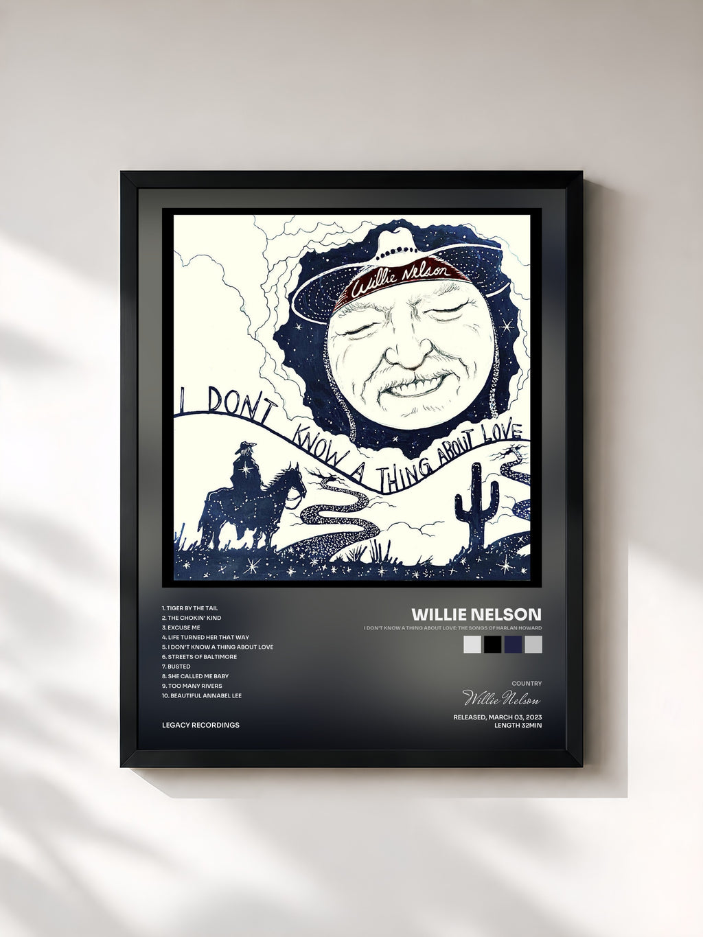 #noir Tableau de l'album I Don't Know A Thing About Love: The Songs of Harlan Howard de Willie Nelson, cadre noir, imprimé et encadré en France