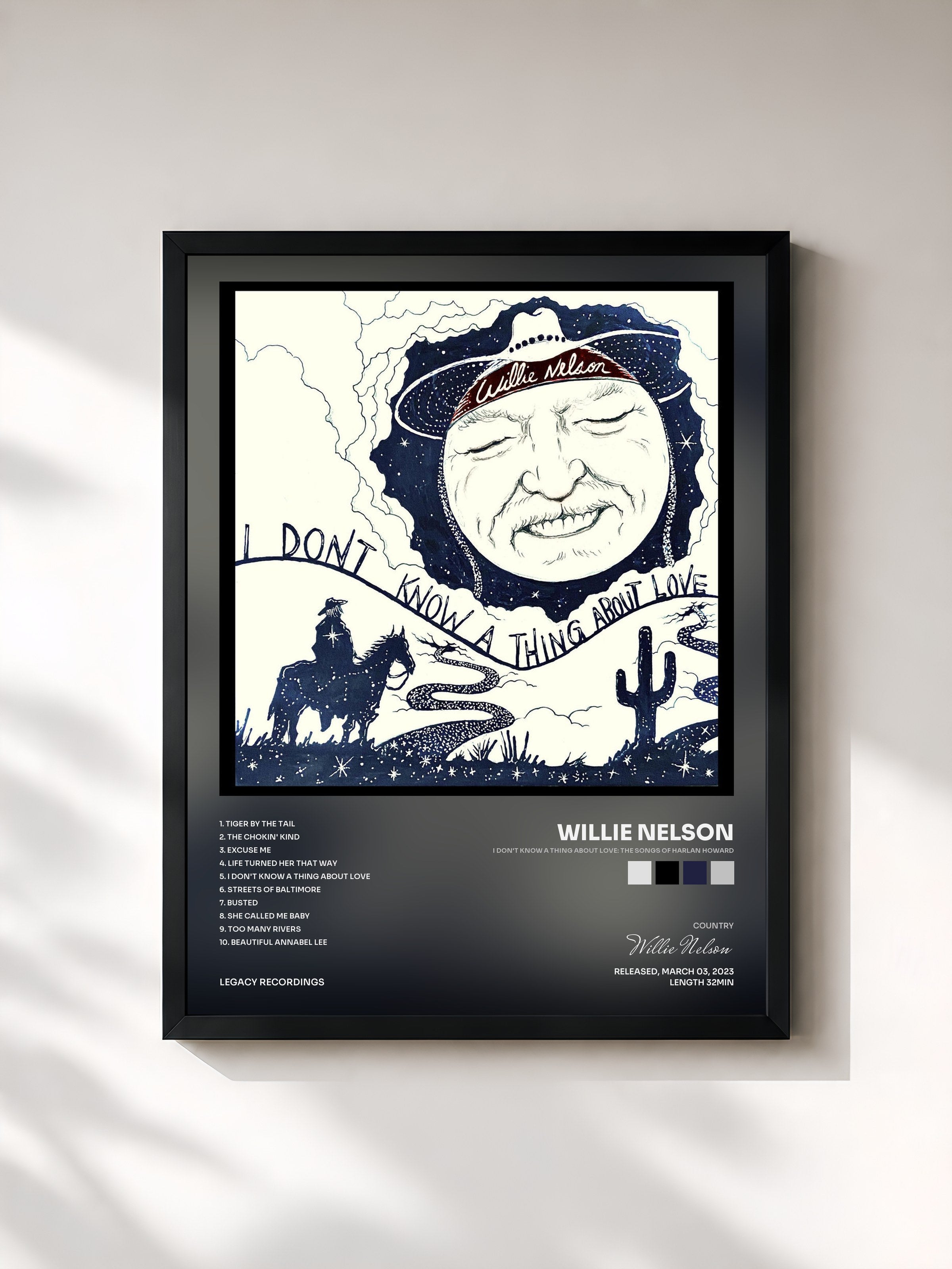 #noir Tableau de l'album I Don't Know A Thing About Love: The Songs of Harlan Howard de Willie Nelson, cadre noir, imprimé et encadré en France