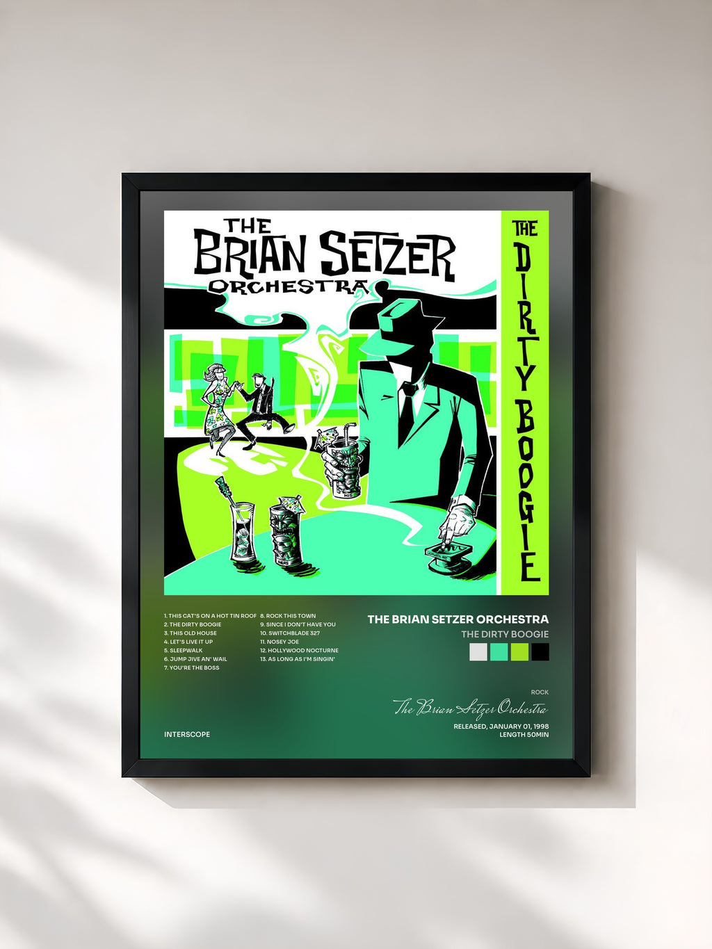 #noir Tableau de l'album The Dirty Boogie de The Brian Setzer Orchestra, cadre noir, imprimé et encadré en France