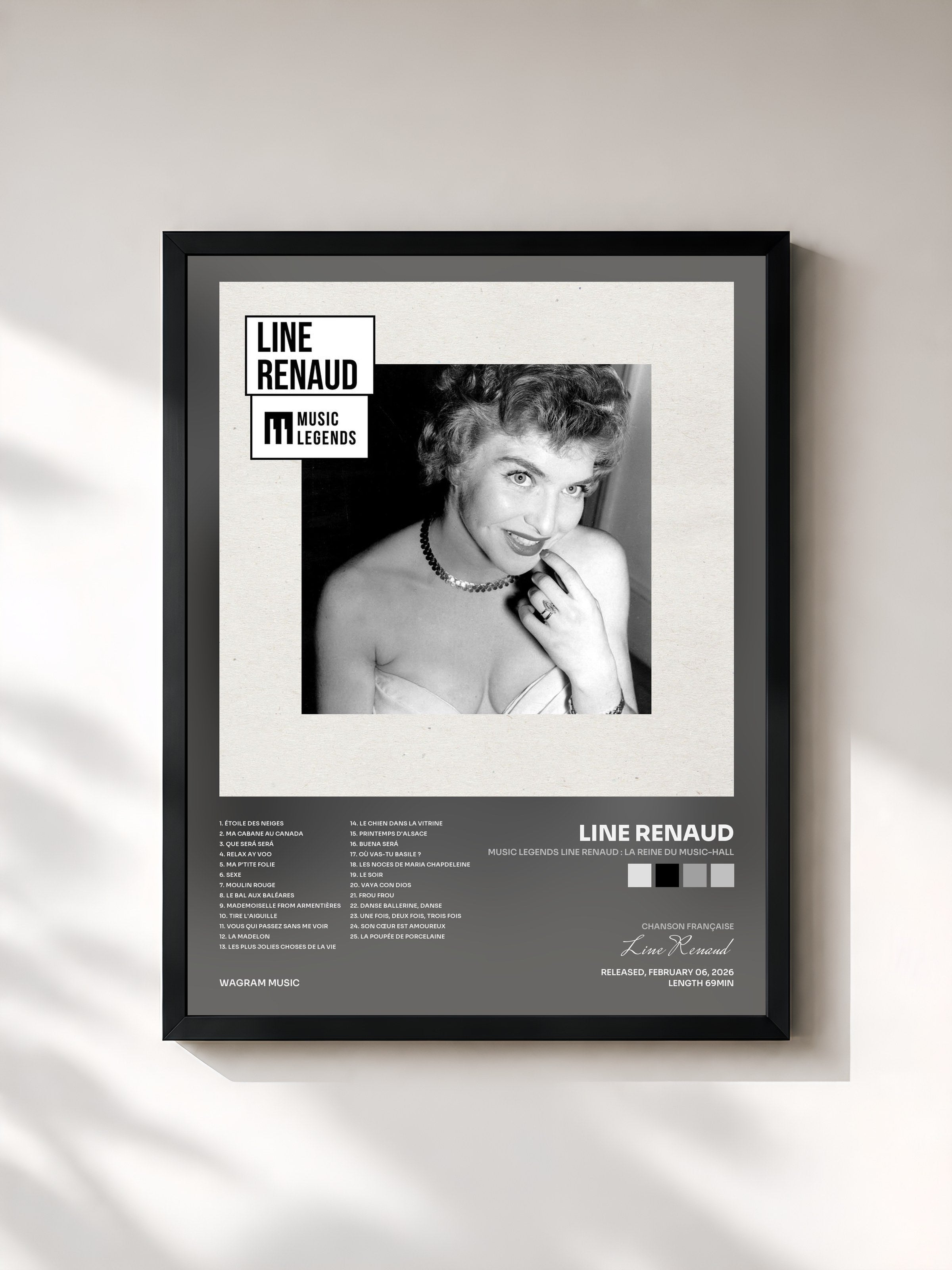#noir Tableau de l'album Music Legends Line Renaud : La Reine du Music-Hall de Line Renaud, cadre noir, imprimé et encadré en France