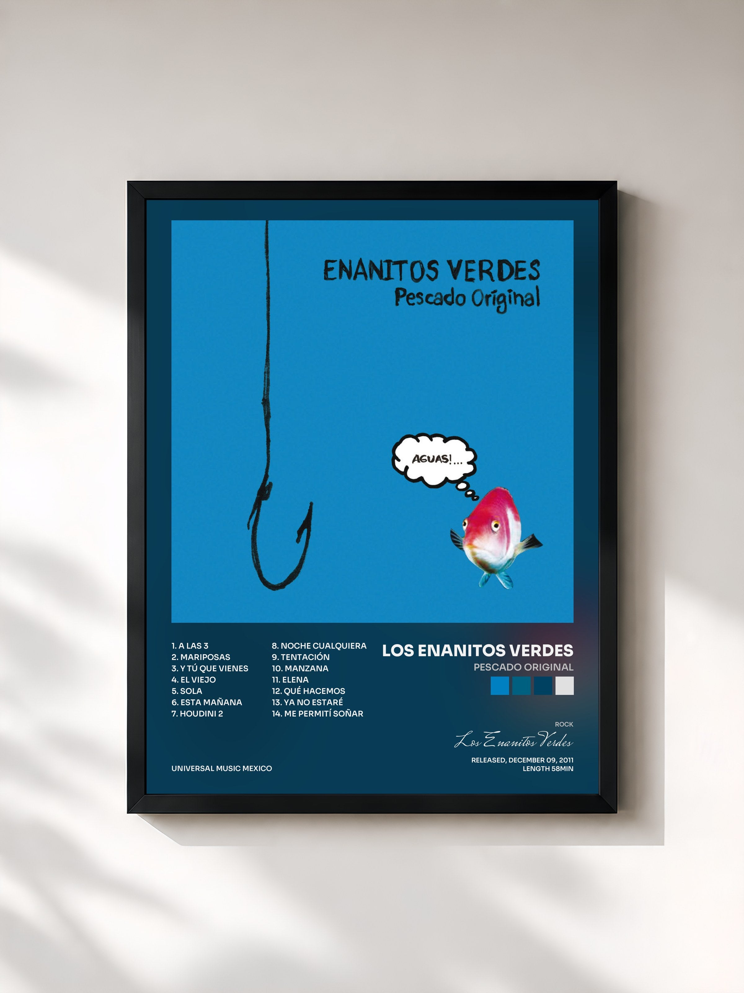 #noir Tableau de l'album Pescado Original de Los Enanitos Verdes, cadre noir, imprimé et encadré en France