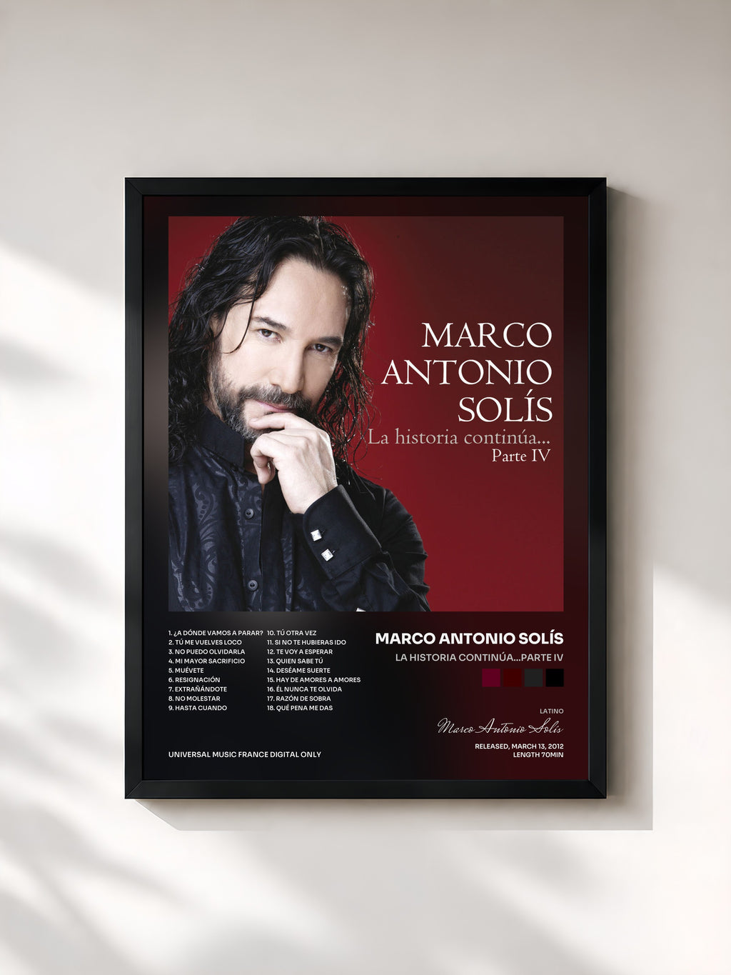#noir Tableau de l'album La Historia Continúa...Parte IV de Marco Antonio Solís, cadre noir, imprimé et encadré en France