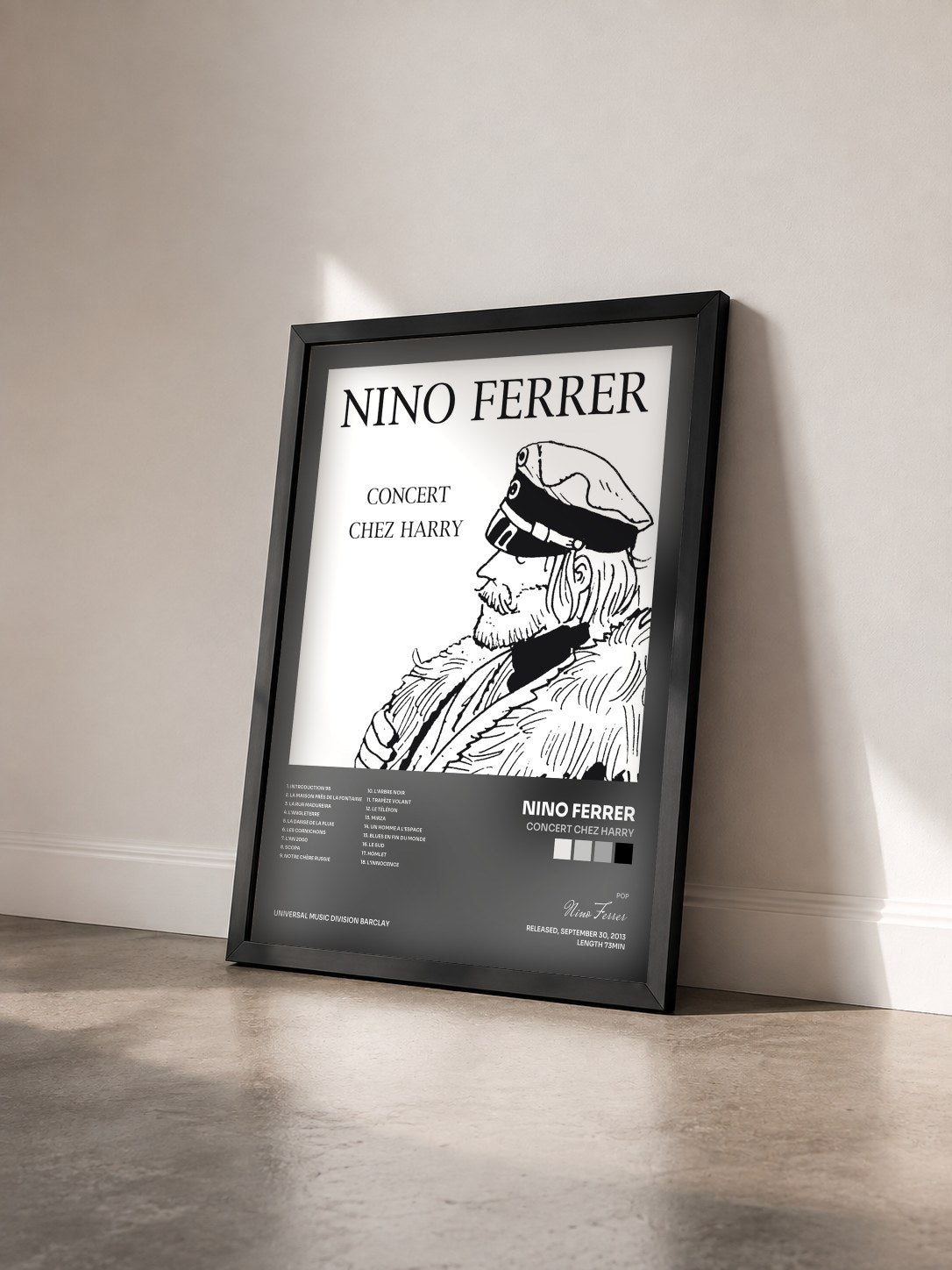 #noir Tableau de l'album Concert Chez Harry de Nino Ferrer vu de trois quarts, cadre noir