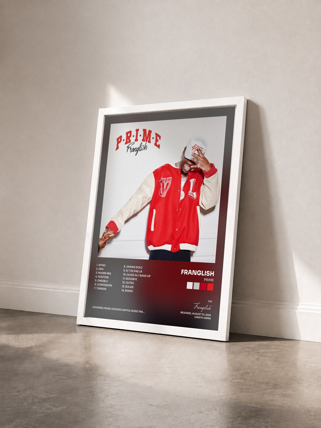 #blanc Tableau de l'album Prime de Franglish vu de trois quarts, cadre blanc