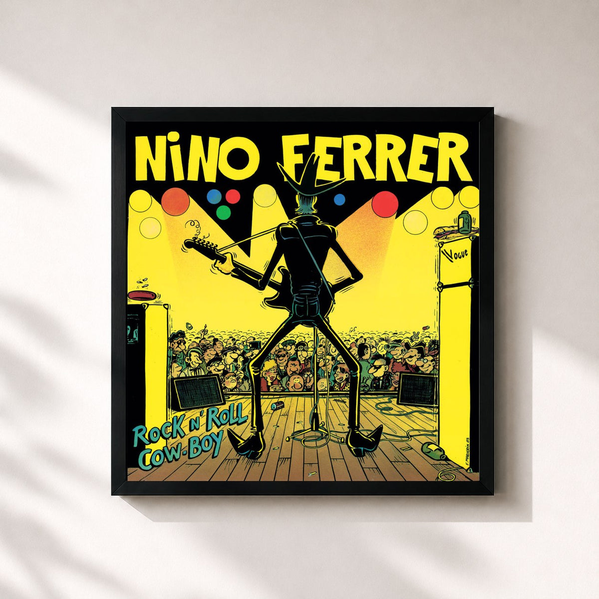 #noir Tableau carré de l'album Rock N' Roll Cow-Boy de Nino Ferrer, cadre noir 32x32 cm