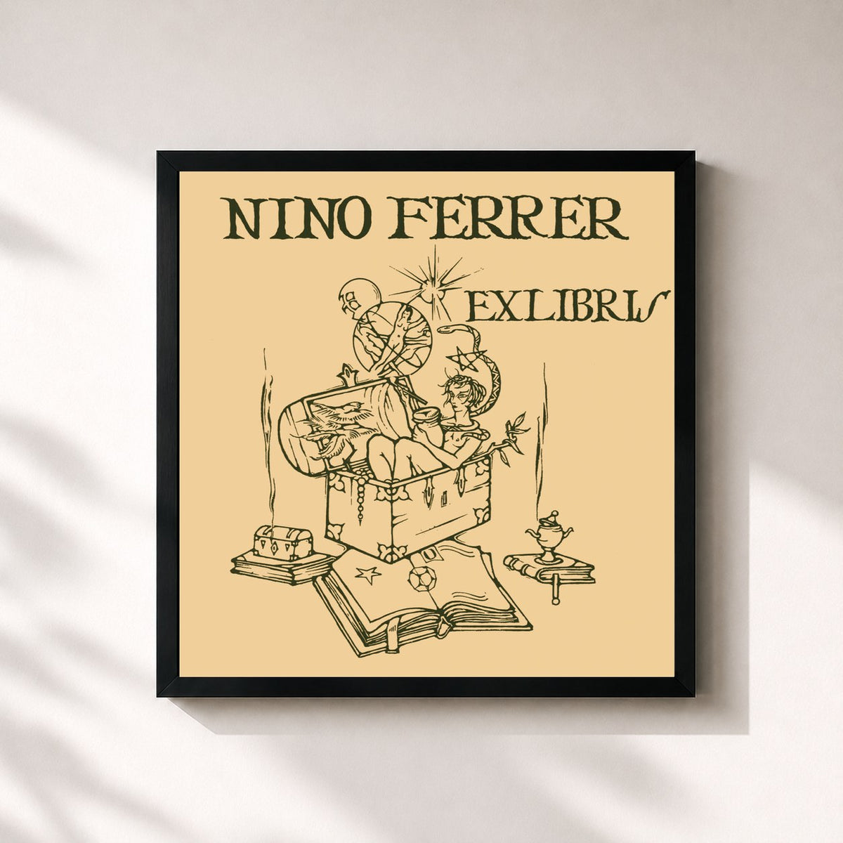 #noir Ex Libris von Nino Ferrer als quadratischer Kunstdruck, schwarzer Rahmen 32x32 cm