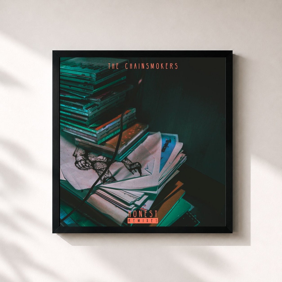 #noir Tableau carré de l'album Honest (Remixes) de The Chainsmokers, cadre noir 32x32 cm
