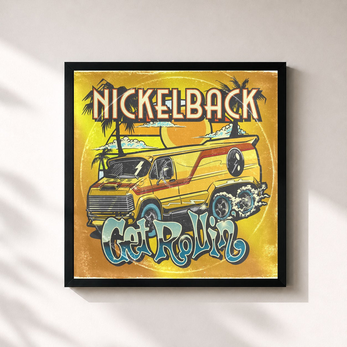 #noir Tableau carré de l'album Get Rollin' de Nickelback, cadre noir 32x32 cm