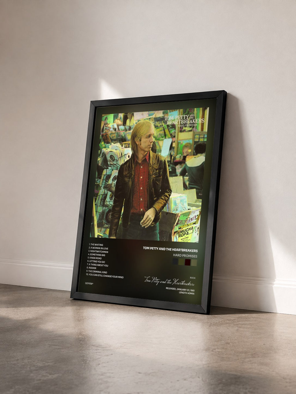 #noir Tableau de l'album Hard Promises de Tom Petty and the Heartbreakers vu de trois quarts, cadre noir