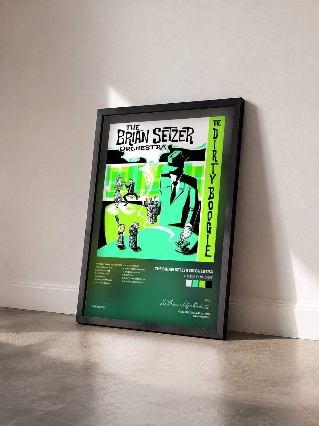 #noir Tableau de l'album The Dirty Boogie de The Brian Setzer Orchestra vu de trois quarts, cadre noir