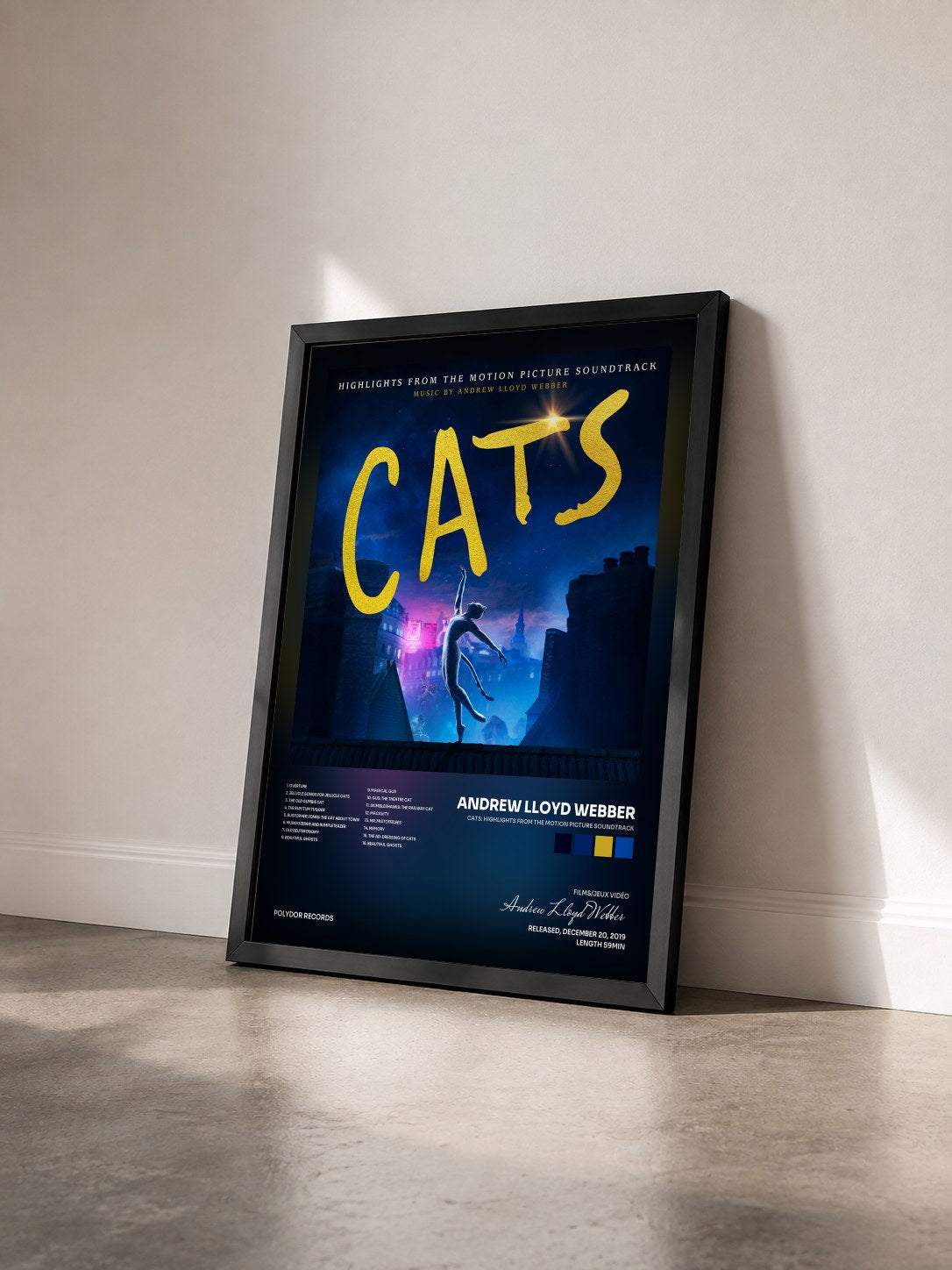 #noir Tableau de l'album Cats: Highlights From The Motion Picture Soundtrack de Andrew Lloyd Webber vu de trois quarts, cadre noir