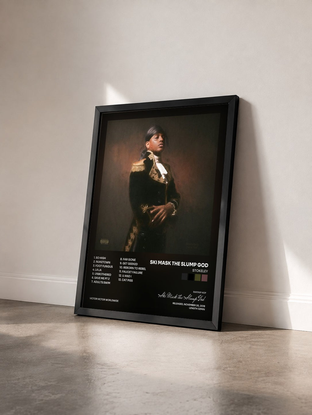 #noir STOKELEY by Ski Mask the Slump God as a framed art print seen at an angle, black frame