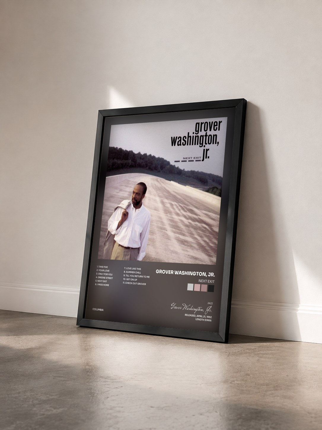 #noir Tableau de l'album Next Exit de Grover Washington, Jr. vu de trois quarts, cadre noir