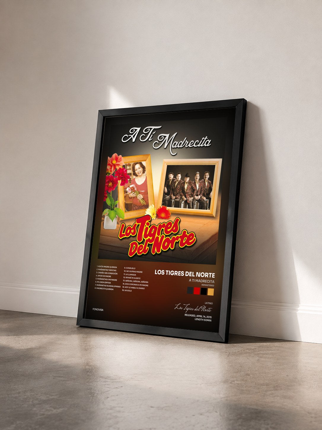 #noir Tableau de l'album A Ti Madrecita (Remastered) de Los Tigres del Norte vu de trois quarts, cadre noir