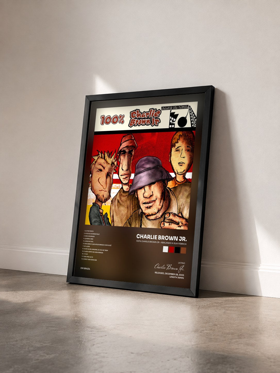 #noir Tableau de l'album 100% Charlie Brown Jr - Abalando A Sua Fábrica de Charlie Brown Jr. vu de trois quarts, cadre noir