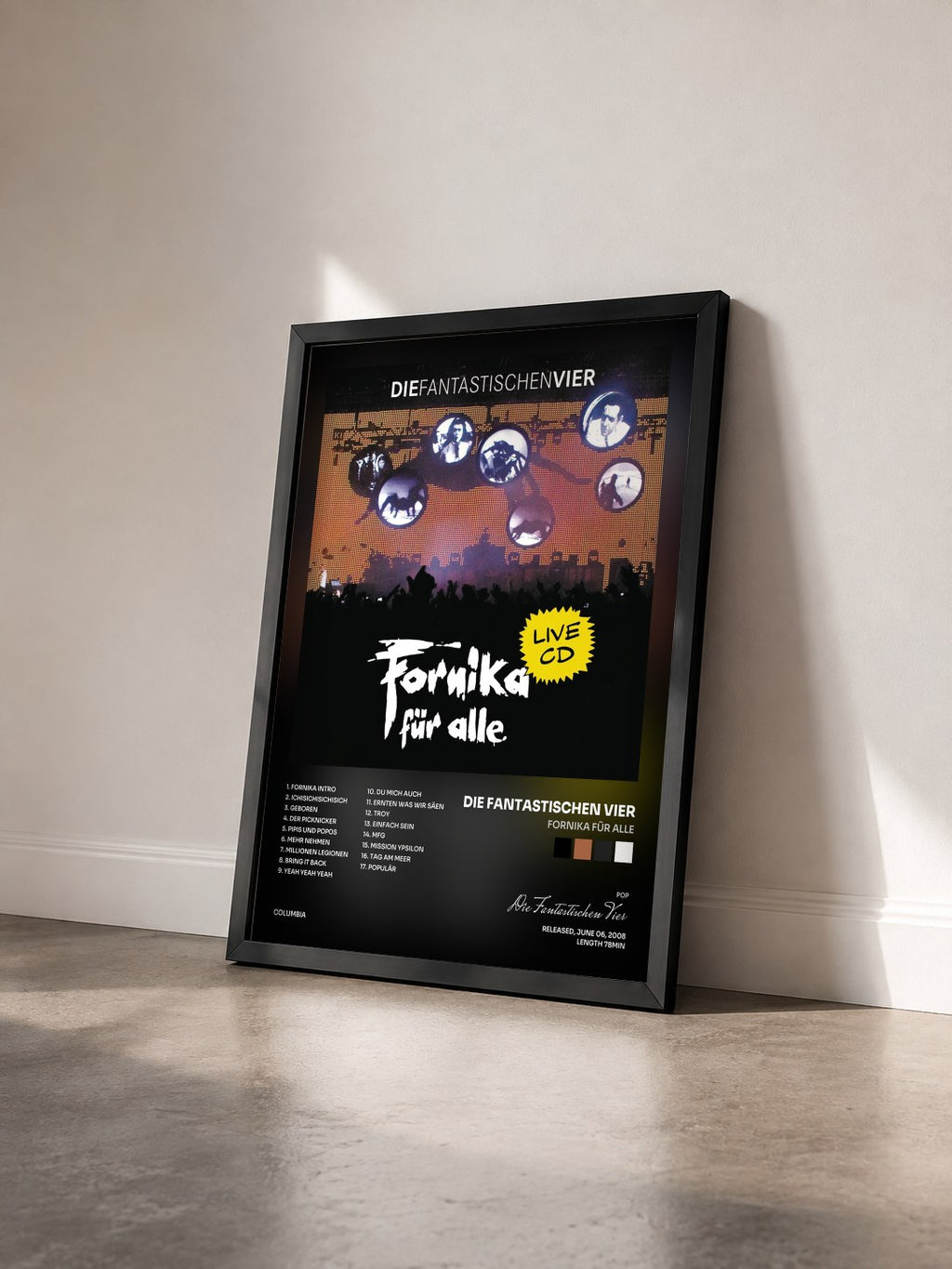 #noir Tableau de l'album Fornika für alle de Die Fantastischen Vier vu de trois quarts, cadre noir