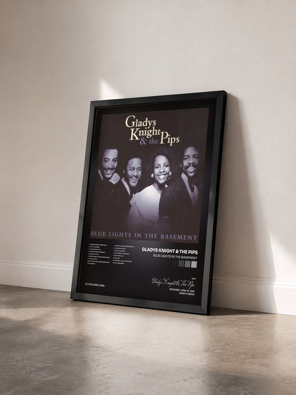 #noir Tableau de l'album Blue Lights In The Basement de Gladys Knight & The Pips vu de trois quarts, cadre noir