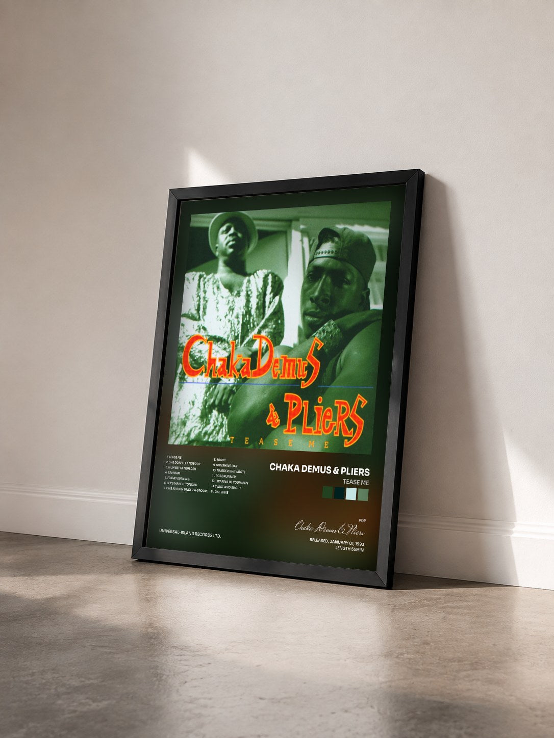 #noir Tableau de l'album Tease Me de Chaka Demus & Pliers vu de trois quarts, cadre noir