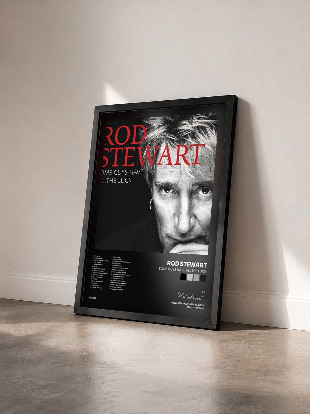 #noir Some Guys Have All the Luck de Rod Stewart en lámina enmarcada vista de tres cuartos, marco negro