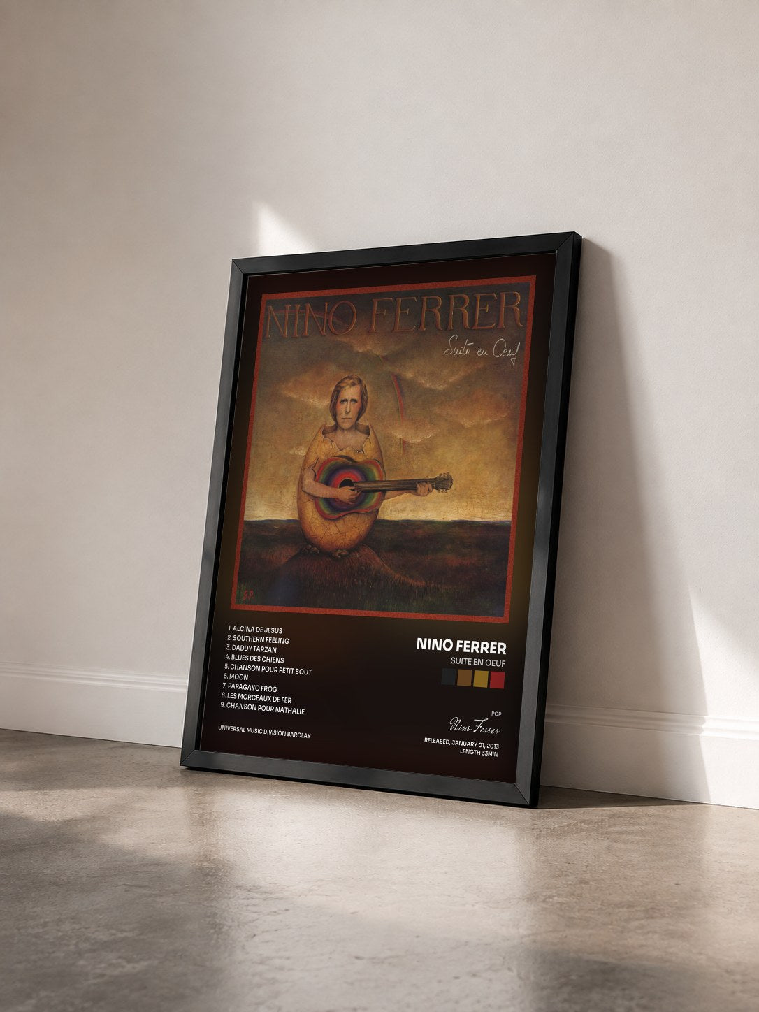 #noir Tableau de l'album Suite En Oeuf de Nino Ferrer vu de trois quarts, cadre noir