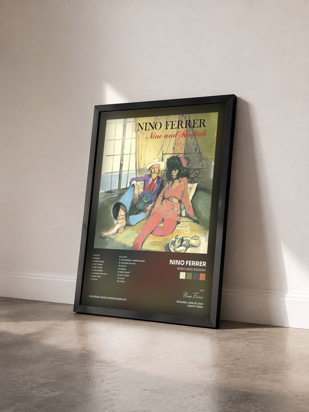 #noir Nino and Radiah von Nino Ferrer als gerahmter Kunstdruck von schräg gesehen, schwarzer Rahmen