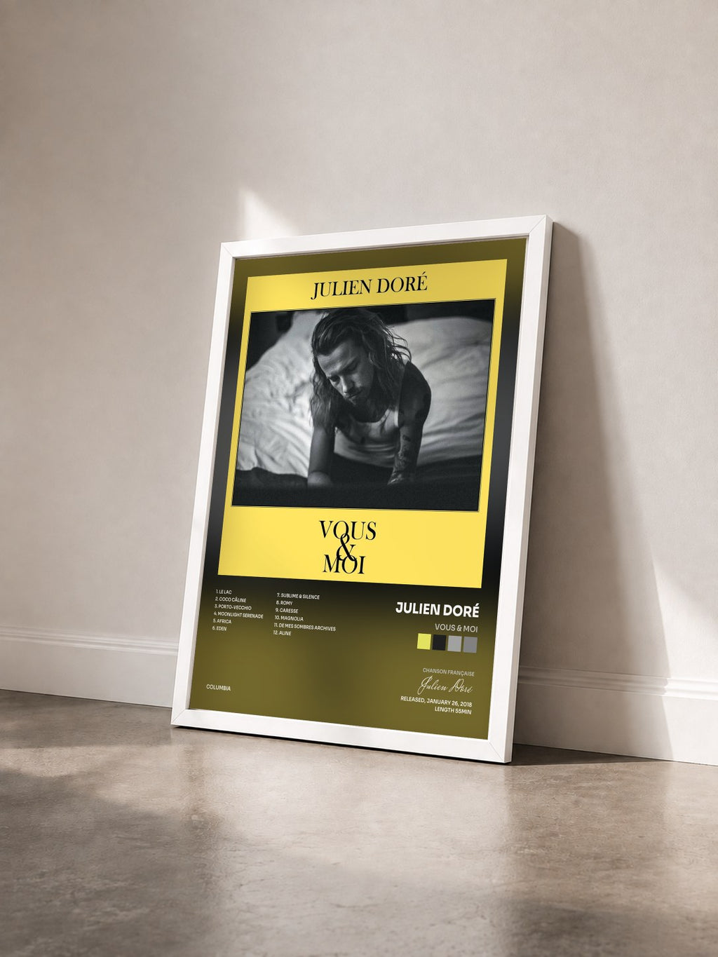#blanc Tableau de l'album Vous & moi de Julien Doré vu de trois quarts, cadre blanc