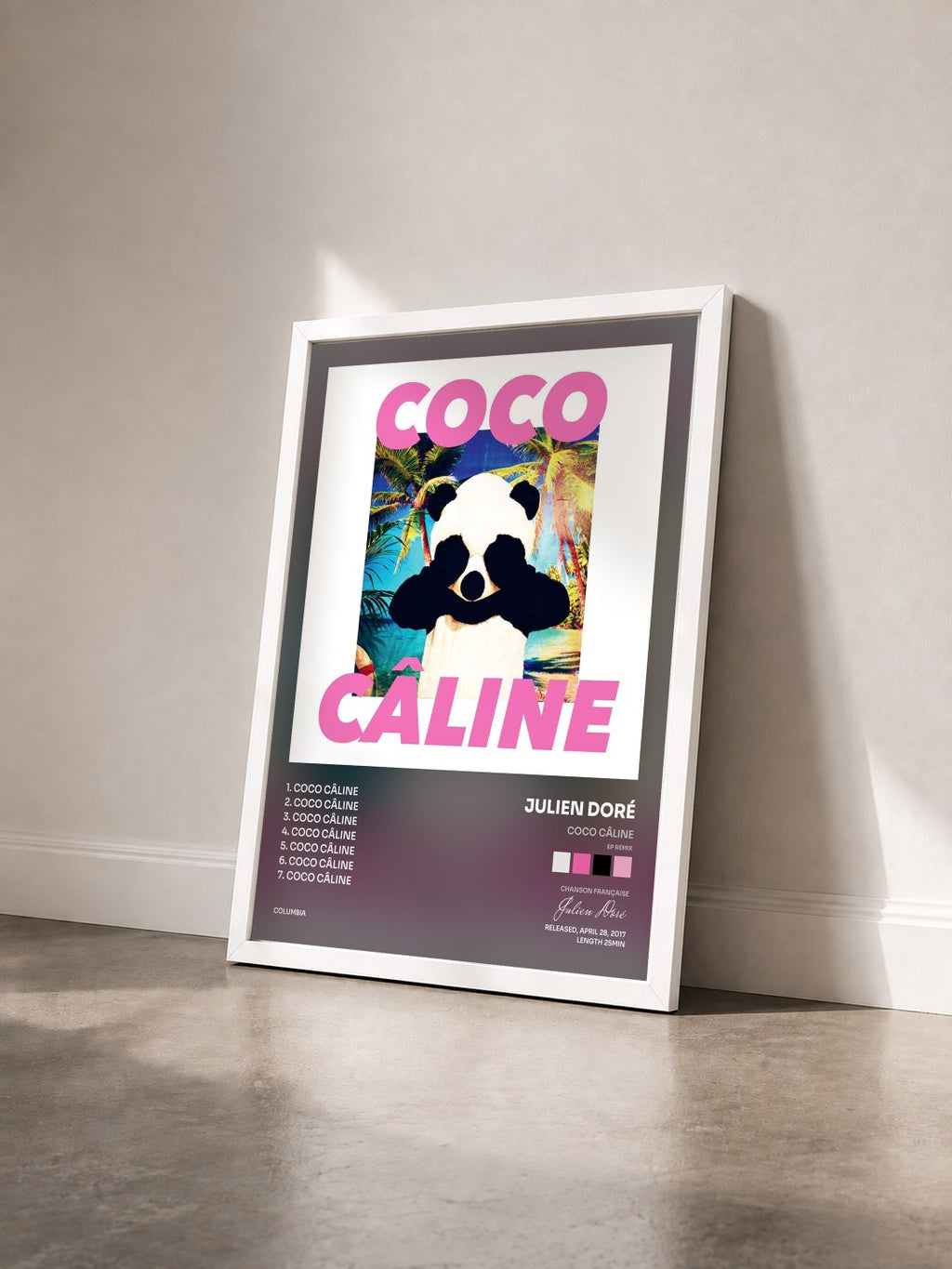 #blanc Coco Câline (EP Remix) di Julien Doré in stampa incorniciata vista di tre quarti, cornice bianca