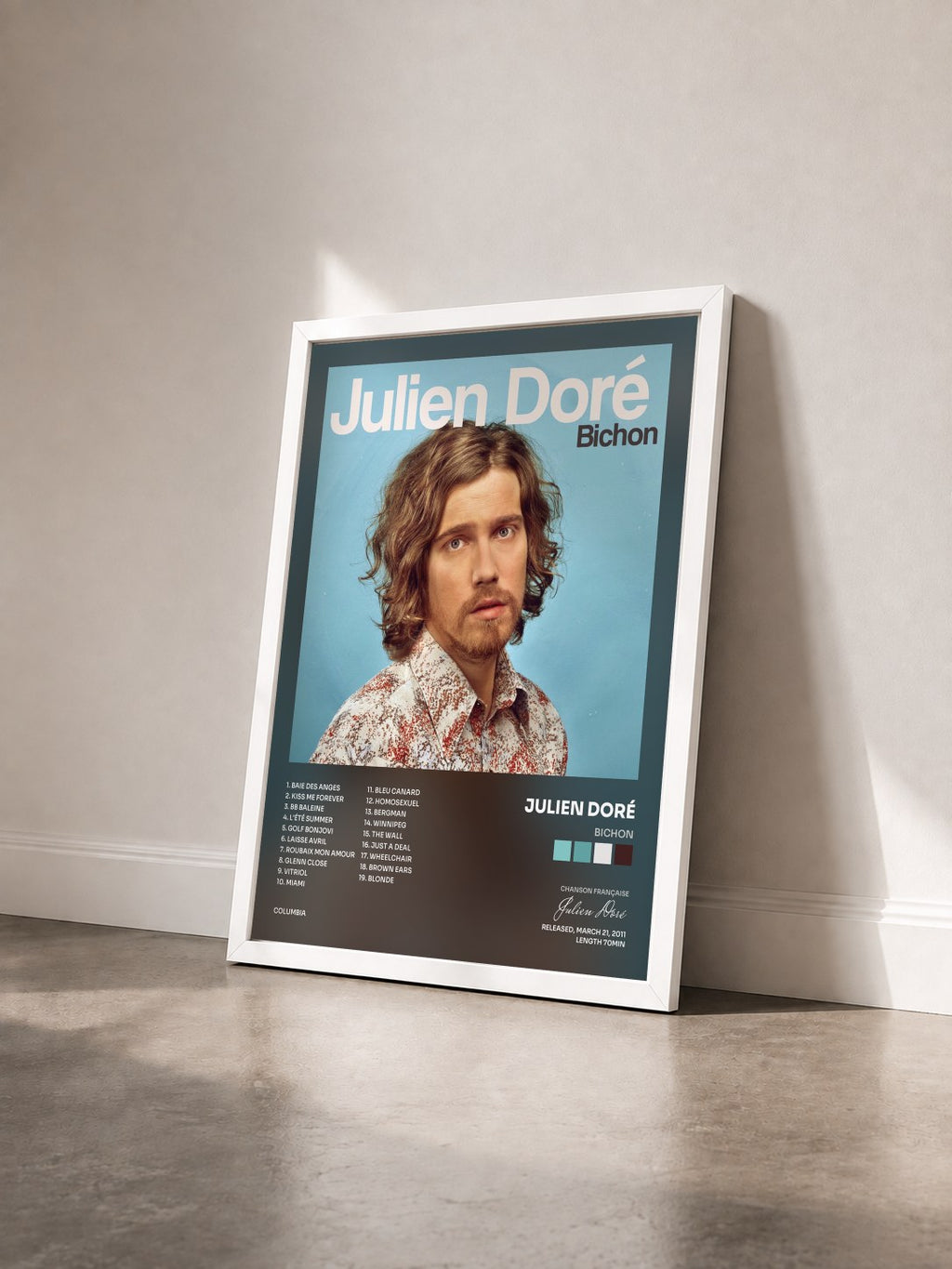 #blanc Tableau de l'album Bichon de Julien Doré vu de trois quarts, cadre blanc