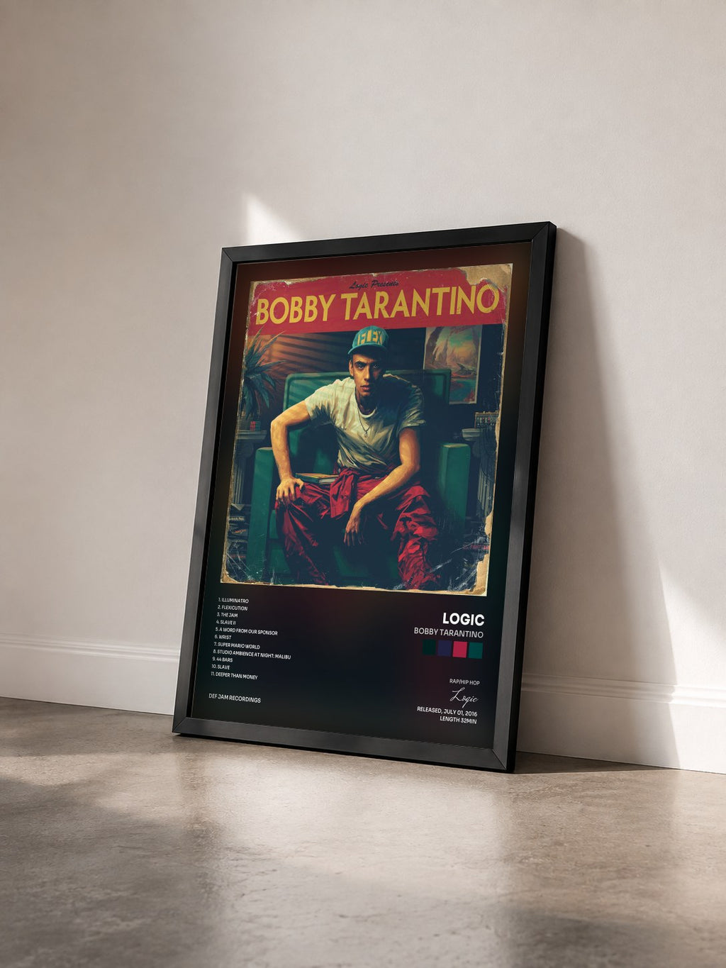 #noir Bobby Tarantino de Logic en lámina enmarcada vista de tres cuartos, marco negro