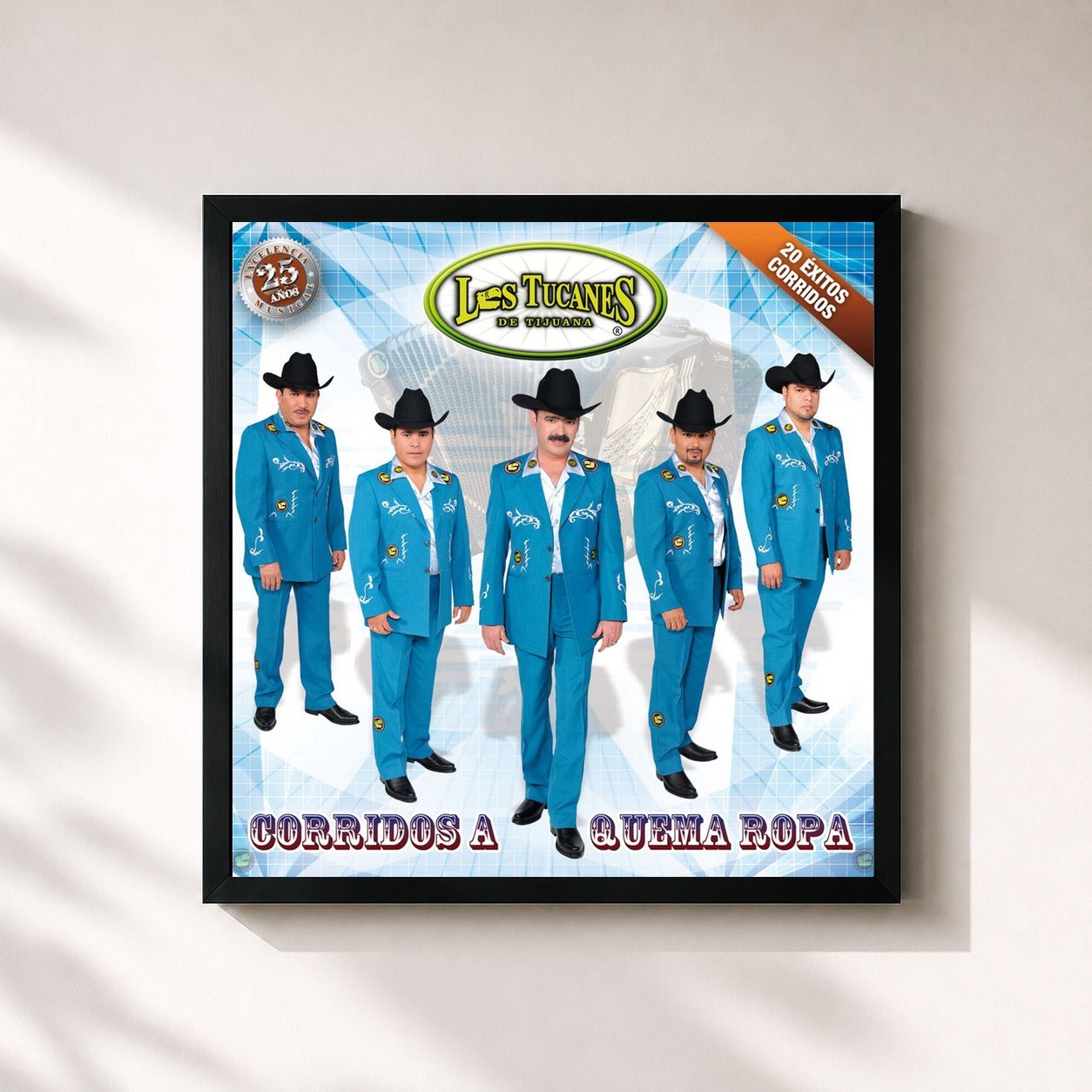 #noir Tableau carré de l'album Corridos A Quema Ropa de Los Tucanes De Tijuana, cadre noir 32x32 cm