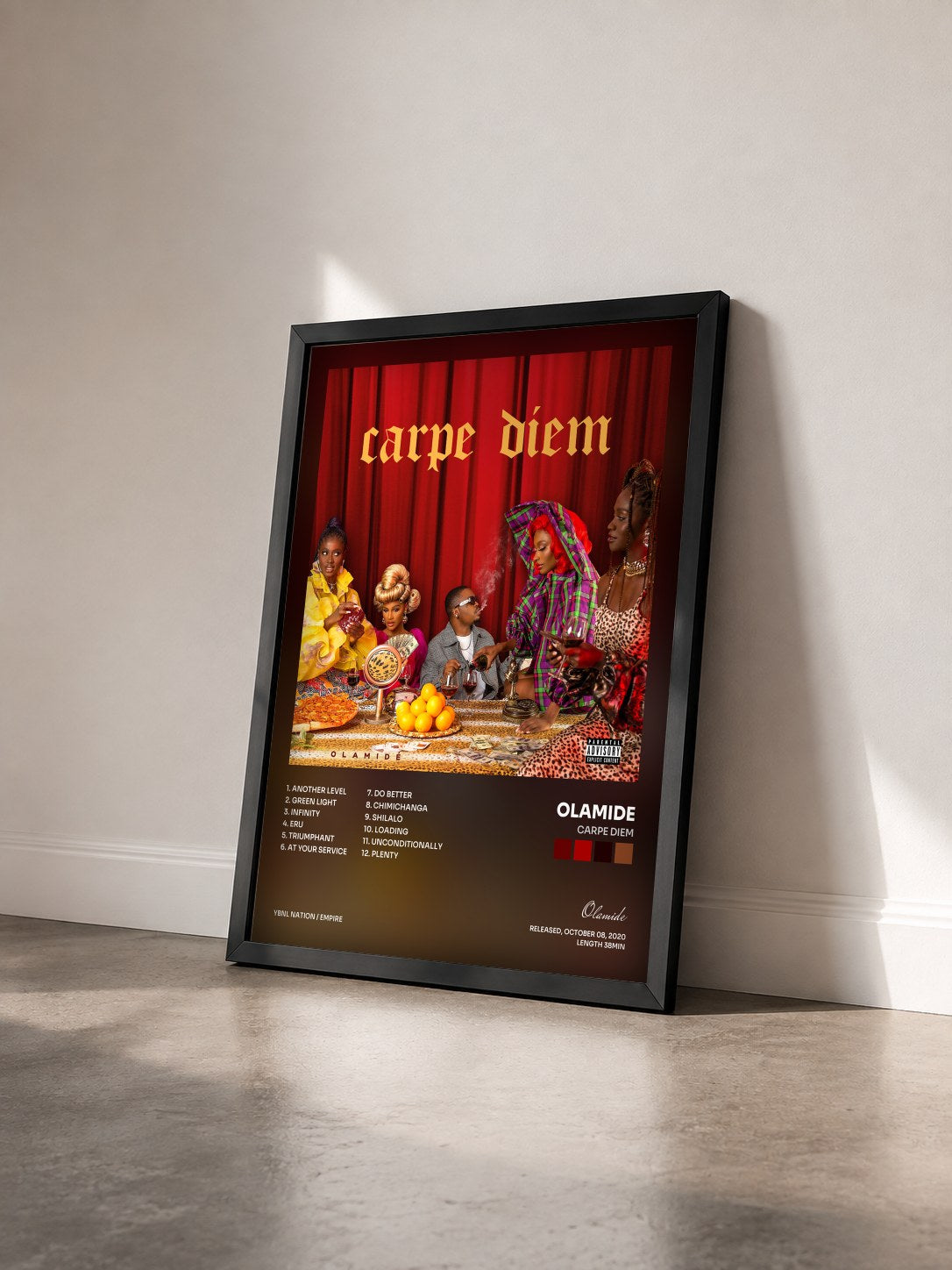 #noir Tableau de l'album Carpe Diem de Olamide vu de trois quarts, cadre noir