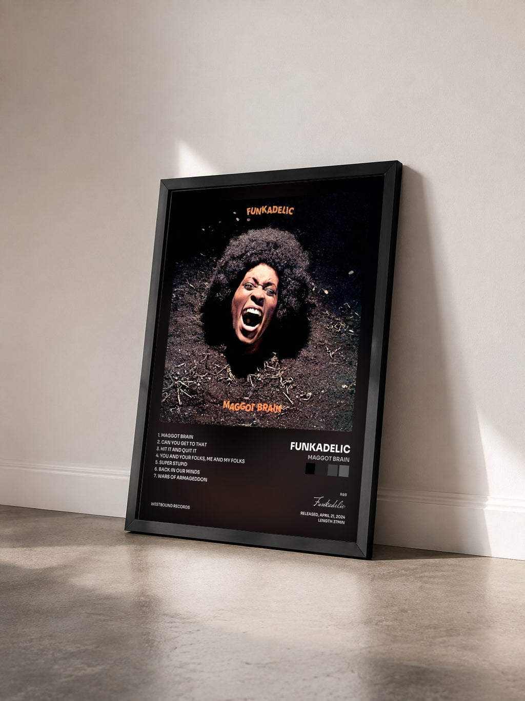 #noir Maggot Brain de Funkadelic en lámina enmarcada vista de tres cuartos, marco negro