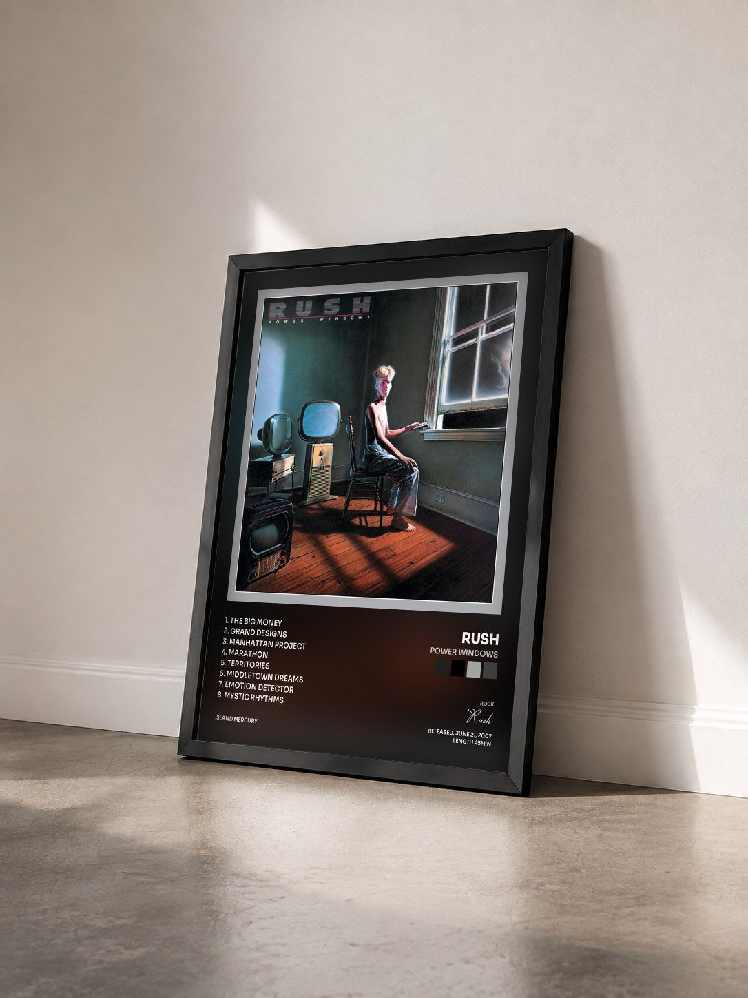 #noir Tableau de l'album Power Windows de Rush vu de trois quarts, cadre noir