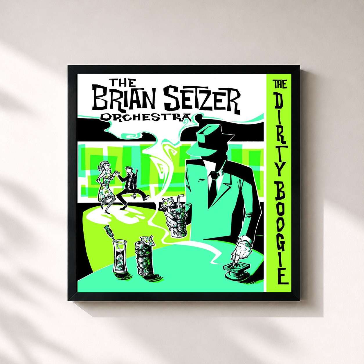 #noir Tableau carré de l'album The Dirty Boogie de The Brian Setzer Orchestra, cadre noir 32x32 cm