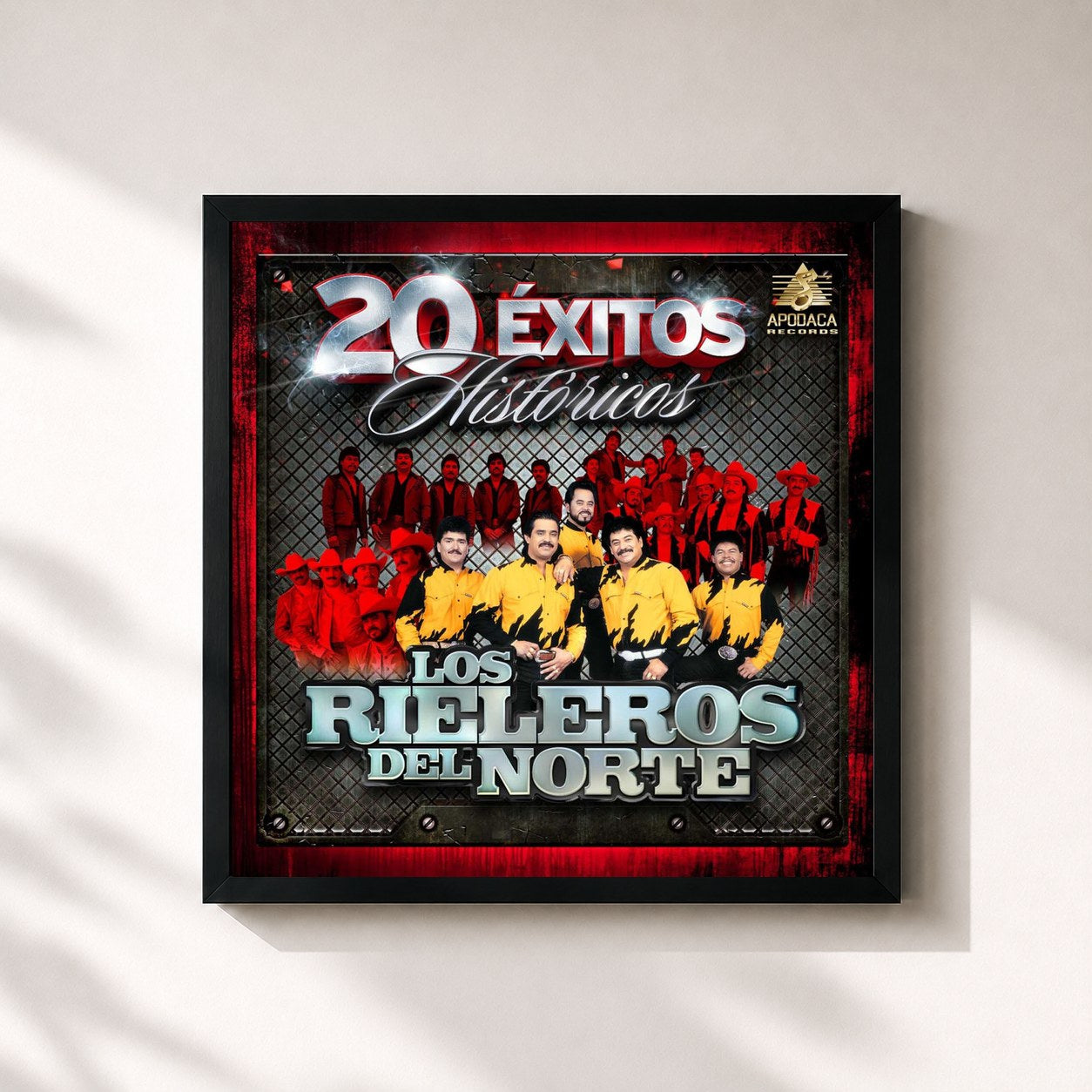 #noir Tableau carré de l'album 20 Exitos Historicos de Los Rieleros Del Norte, cadre noir 32x32 cm
