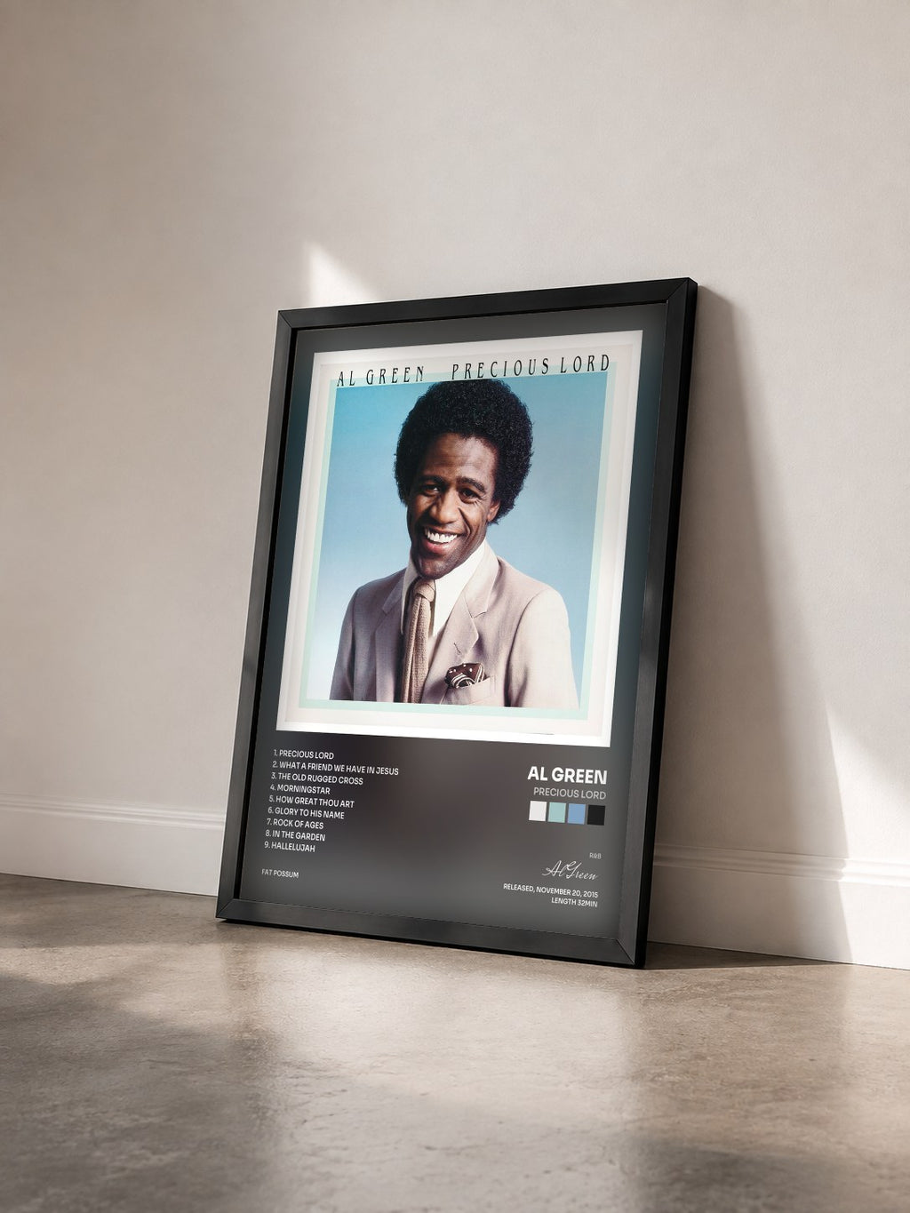#noir Precious Lord von Al Green als gerahmter Kunstdruck von schräg gesehen, schwarzer Rahmen