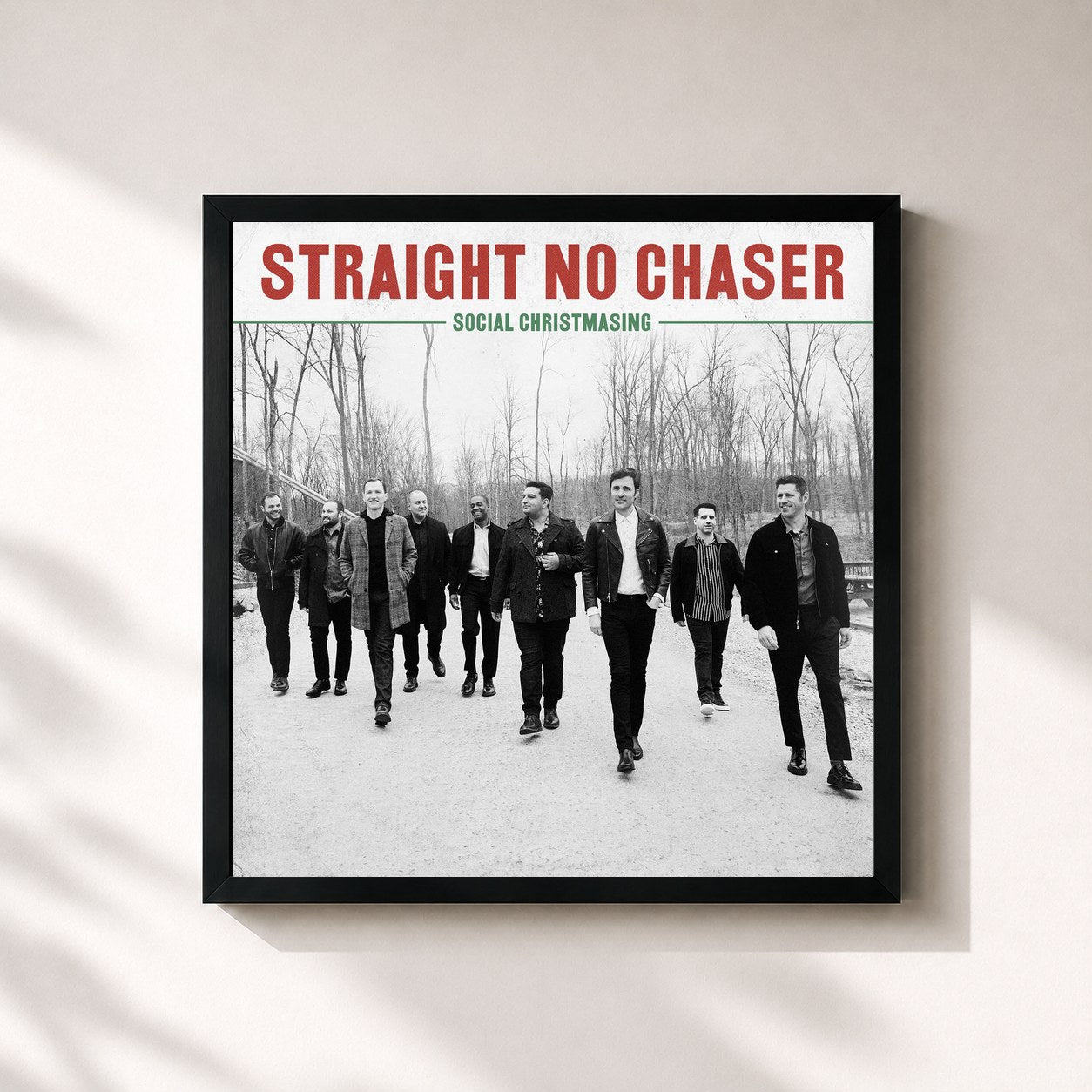 #noir Tableau carré de l'album Social Christmasing de Straight No Chaser, cadre noir 32x32 cm